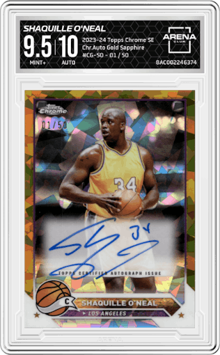 Shaquille O'Neal from the 2023-24 Topps Chrome Sapphire set featuring a Gold Sapphire parallel graded by Arena Club and given an overall grade of 9.5.