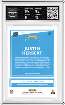 Justin Herbert from the 2020 Panini Donruss Optic set featuring a Hyper Red parallel graded by Arena Club and given an overall grade of 9.5.