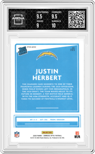 Justin Herbert from the 2020 Panini Donruss Optic set featuring a Hyper Red parallel graded by Arena Club and given an overall grade of 9.5.