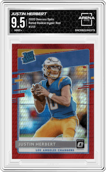 Justin Herbert from the 2020 Panini Donruss Optic set featuring a Hyper Red parallel graded by Arena Club and given an overall grade of 9.5.