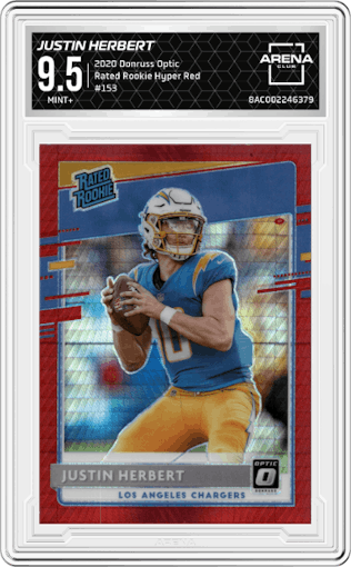 Justin Herbert from the 2020 Panini Donruss Optic set featuring a Hyper Red parallel graded by Arena Club and given an overall grade of 9.5.
