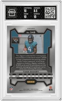 Tank Bigsby from the 2023 Panini Prizm set featuring a Silver Prizm parallel graded by Arena Club and given an overall grade of 9.