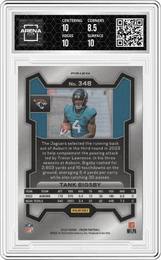 Tank Bigsby from the 2023 Panini Prizm set featuring a Silver Prizm parallel graded by Arena Club and given an overall grade of 9.