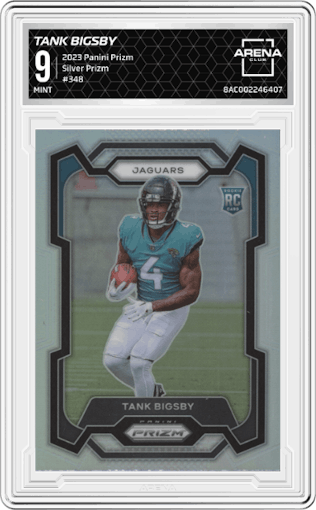 Tank Bigsby from the 2023 Panini Prizm set featuring a Silver Prizm parallel graded by Arena Club and given an overall grade of 9.