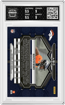 Marvin Mims from the 2023 Panini Mosaic set featuring a Mosaic parallel graded by Arena Club and given an overall grade of 9.5.