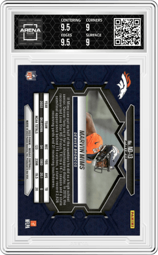 Marvin Mims from the 2023 Panini Mosaic set featuring a Mosaic parallel graded by Arena Club and given an overall grade of 9.5.