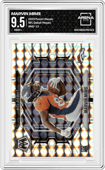 Marvin Mims from the 2023 Panini Mosaic set featuring a Mosaic parallel graded by Arena Club and given an overall grade of 9.5.