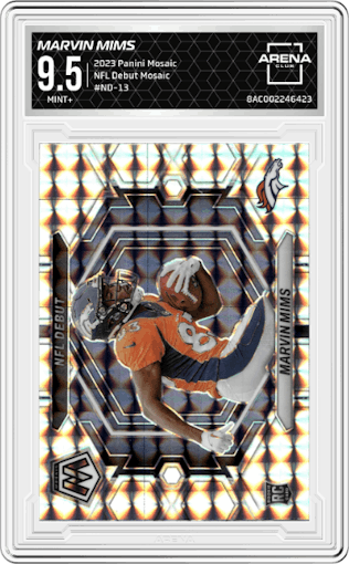 Marvin Mims from the 2023 Panini Mosaic set featuring a Mosaic parallel graded by Arena Club and given an overall grade of 9.5.