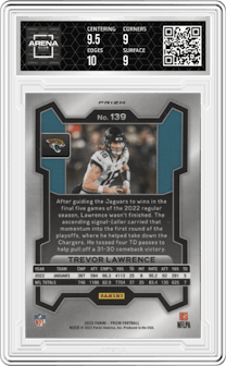 Trevor Lawrence from the 2023 Panini Prizm set featuring a Red White Blue Prizm parallel graded by Arena Club and given an overall grade of 9.5.