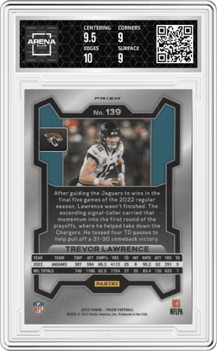 Trevor Lawrence from the 2023 Panini Prizm set featuring a Red White Blue Prizm parallel graded by Arena Club and given an overall grade of 9.5.