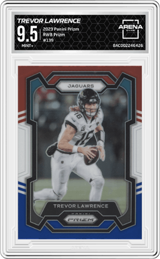 Trevor Lawrence from the 2023 Panini Prizm set featuring a Red White Blue Prizm parallel graded by Arena Club and given an overall grade of 9.5.