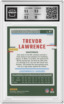 Trevor Lawrence from the 2023 Donruss Optic set featuring a Holo parallel graded by Arena Club and given an overall grade of 10.