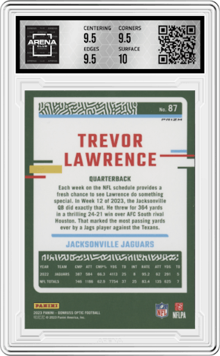 Trevor Lawrence from the 2023 Donruss Optic set featuring a Holo parallel graded by Arena Club and given an overall grade of 10.