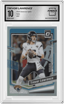 Trevor Lawrence from the 2023 Donruss Optic set featuring a Holo parallel graded by Arena Club and given an overall grade of 10.