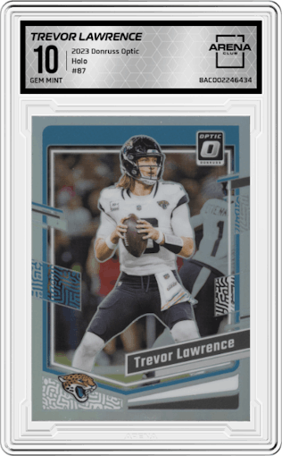Trevor Lawrence from the 2023 Donruss Optic set featuring a Holo parallel graded by Arena Club and given an overall grade of 10.