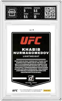 Khabib Nurmagomedov from the 2022 Panini Donruss UFC set featuring a Holo Laser parallel graded by Arena Club and given an overall grade of 9.5.