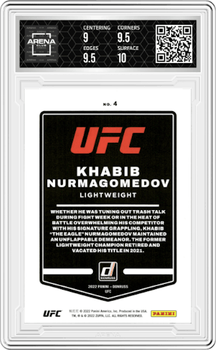 Khabib Nurmagomedov from the 2022 Panini Donruss UFC set featuring a Holo Laser parallel graded by Arena Club and given an overall grade of 9.5.