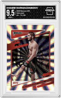 Khabib Nurmagomedov from the 2022 Panini Donruss UFC set featuring a Holo Laser parallel graded by Arena Club and given an overall grade of 9.5.