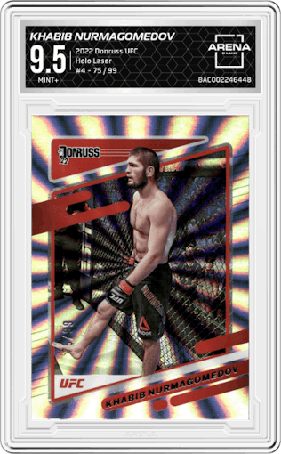 Khabib Nurmagomedov from the 2022 Panini Donruss UFC set featuring a Holo Laser parallel graded by Arena Club and given an overall grade of 9.5.