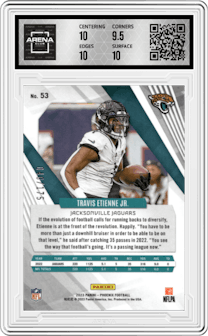 Travis Etienne Jr. from the 2023 Panini Phoenix set featuring a Pink parallel graded by Arena Club and given an overall grade of 10.