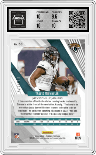 Travis Etienne Jr. from the 2023 Panini Phoenix set featuring a Pink parallel graded by Arena Club and given an overall grade of 10.