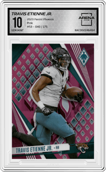 Travis Etienne Jr. from the 2023 Panini Phoenix set featuring a Pink parallel graded by Arena Club and given an overall grade of 10.