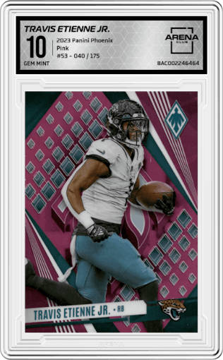 Travis Etienne Jr. from the 2023 Panini Phoenix set featuring a Pink parallel graded by Arena Club and given an overall grade of 10.