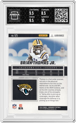 Brian Thomas Jr. from the 2024 Panini Luminance set featuring a Green parallel graded by Arena Club and given an overall grade of 9.