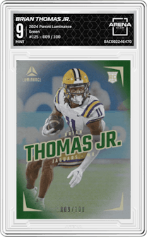 Brian Thomas Jr. from the 2024 Panini Luminance set featuring a Green parallel graded by Arena Club and given an overall grade of 9.