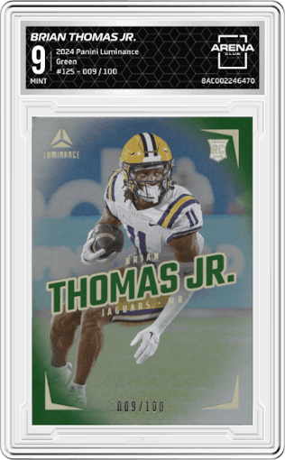Brian Thomas Jr. from the 2024 Panini Luminance set featuring a Green parallel graded by Arena Club and given an overall grade of 9.