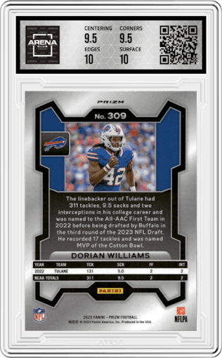 Dorian Williams from the 2023 Panini Prizm set featuring a Lazer parallel graded by Arena Club and given an overall grade of 10.