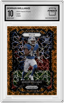 Dorian Williams from the 2023 Panini Prizm set featuring a Lazer parallel graded by Arena Club and given an overall grade of 10.