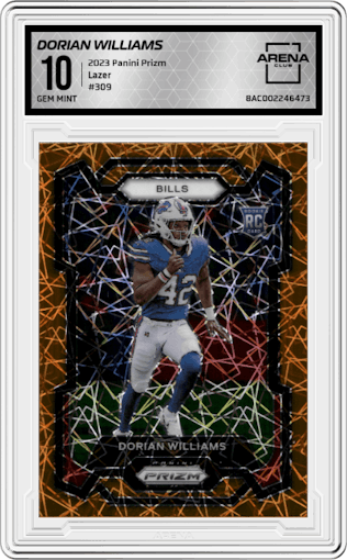 Dorian Williams from the 2023 Panini Prizm set featuring a Lazer parallel graded by Arena Club and given an overall grade of 10.