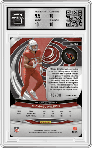 Michael Wilson from the 2023 Panini Spectra set featuring a Die-Cut Neon Green parallel graded by Arena Club and given an overall grade of 10.