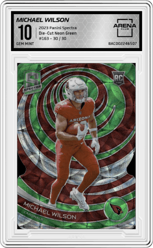 Michael Wilson from the 2023 Panini Spectra set featuring a Die-Cut Neon Green parallel graded by Arena Club and given an overall grade of 10.