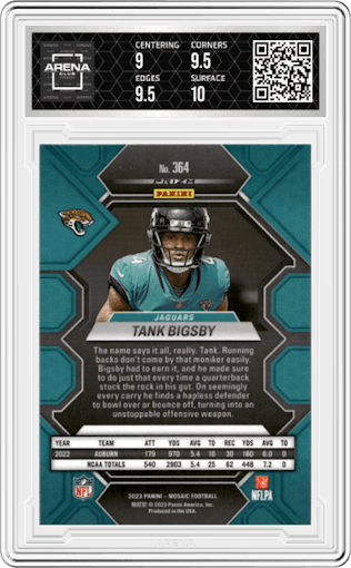 Tank Bigsby from the 2023 Panini Mosaic set featuring a Reactive Yellow parallel graded by Arena Club and given an overall grade of 9.5.