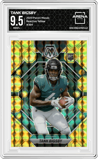 Tank Bigsby from the 2023 Panini Mosaic set featuring a Reactive Yellow parallel graded by Arena Club and given an overall grade of 9.5.