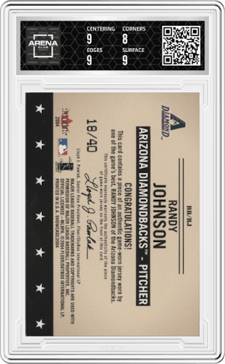 Randy Johnson from the 2004 Fleer Showcase set graded by Arena Club and given an overall grade of 8.5.