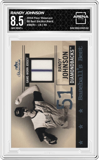 Randy Johnson from the 2004 Fleer Showcase set graded by Arena Club and given an overall grade of 8.5.