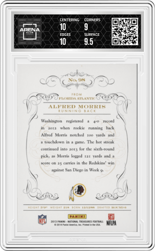 Alfred Morris from the 2013 Panini National Treasures set graded by Arena Club and given an overall grade of 9.5.