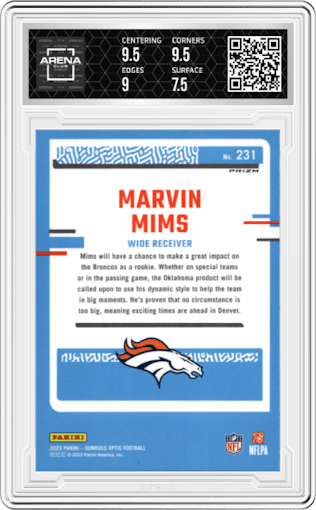 Marvin Mims from the 2023 Donruss Optic set featuring a  Purple Shock parallel graded by Arena Club and given an overall grade of 8.