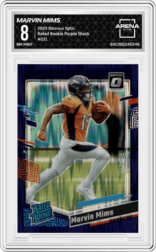 Marvin Mims from the 2023 Donruss Optic set featuring a  Purple Shock parallel graded by Arena Club and given an overall grade of 8.