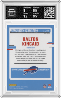 Dalton Kincaid from the 2023 Donruss Optic set featuring a Holo parallel graded by Arena Club and given an overall grade of 9.5.