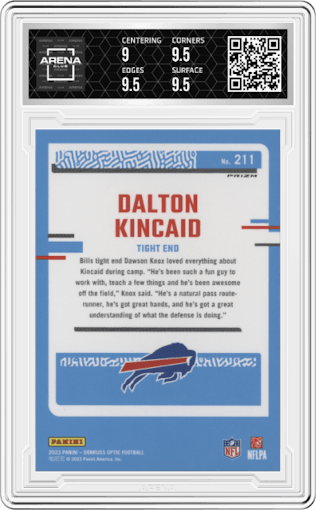 Dalton Kincaid from the 2023 Donruss Optic set featuring a Holo parallel graded by Arena Club and given an overall grade of 9.5.