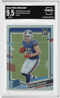 Dalton Kincaid from the 2023 Donruss Optic set featuring a Holo parallel graded by Arena Club and given an overall grade of 9.5.