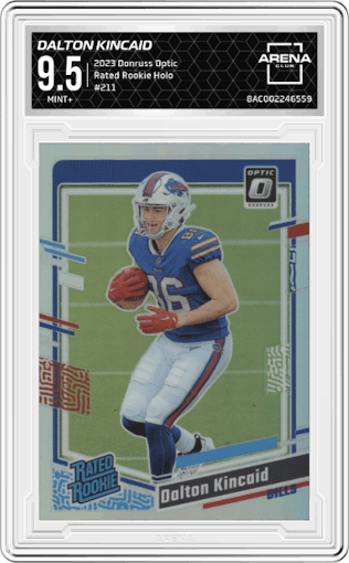 Dalton Kincaid from the 2023 Donruss Optic set featuring a Holo parallel graded by Arena Club and given an overall grade of 9.5.