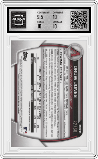 Druw Jones from the 2023 Bowman Chrome set featuring a Gold Refractor parallel graded by Arena Club and given an overall grade of 10.