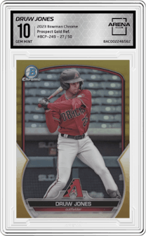 Druw Jones from the 2023 Bowman Chrome set featuring a Gold Refractor parallel graded by Arena Club and given an overall grade of 10.
