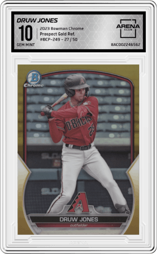 Druw Jones from the 2023 Bowman Chrome set featuring a Gold Refractor parallel graded by Arena Club and given an overall grade of 10.