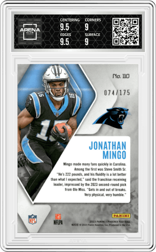 Jonathan Mingo  from the 2023 Panini Phoenix set featuring a Lava parallel graded by Arena Club and given an overall grade of 9.5.
